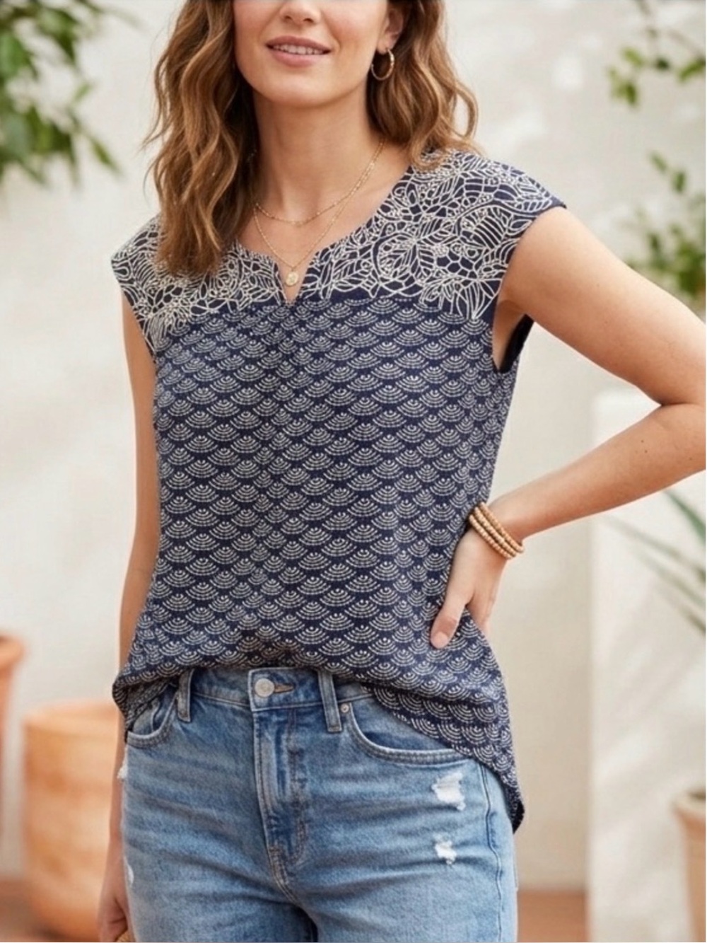 Skies are Blue Navy Scallop Print Delila Cap Sleeve Embroidered Top Boho XSmall